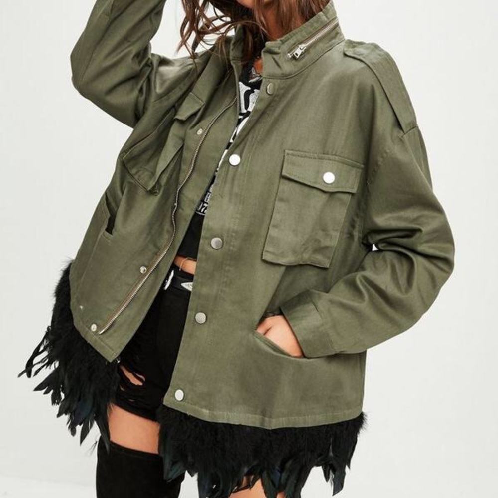 Zara army jacket W/ detachable feather trim Large